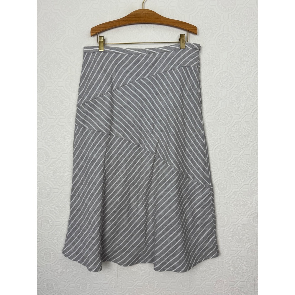 Garnet Hill Gray White Striped Linen Midi Skirt Lined A-Line Size 8